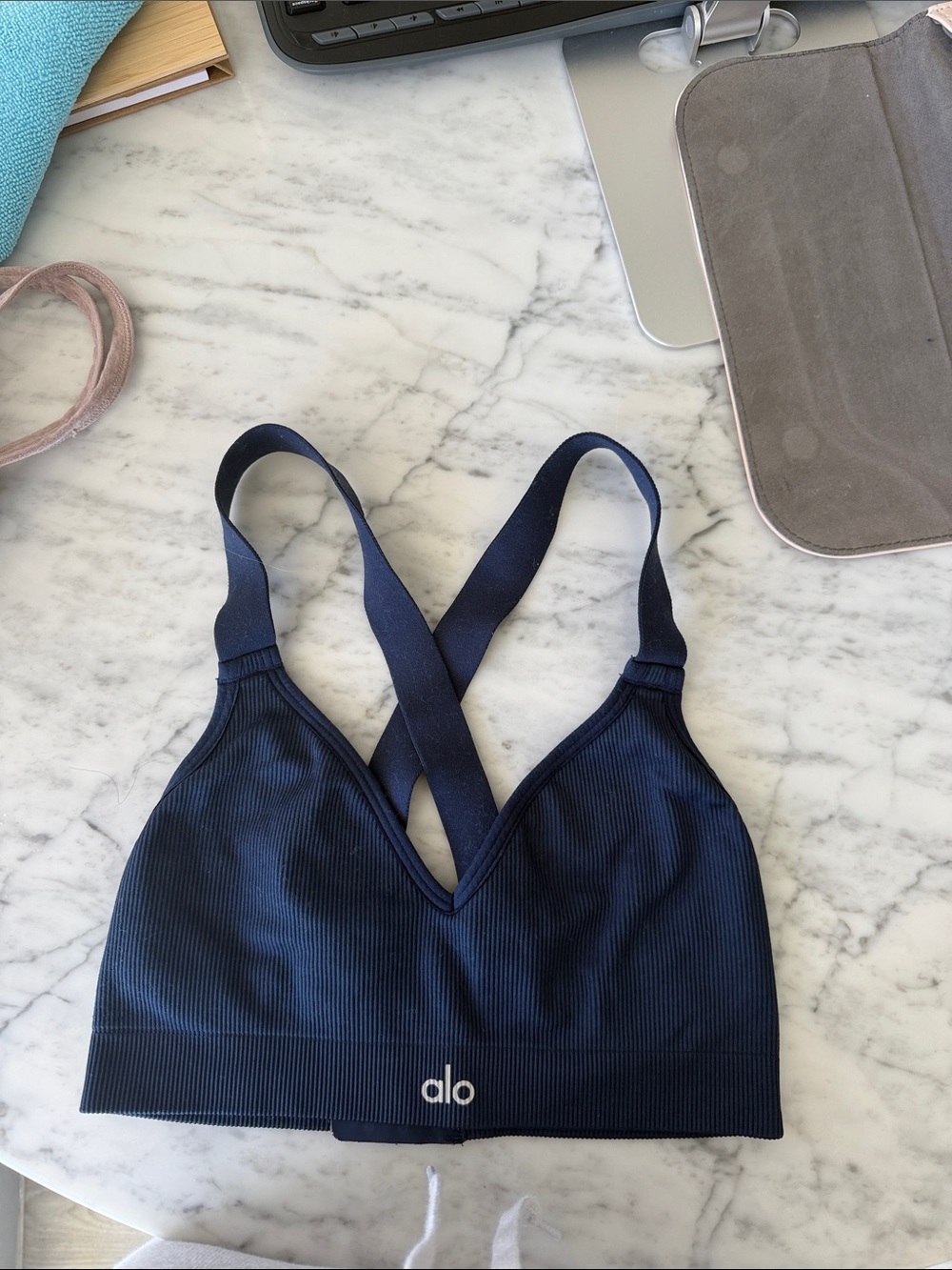 ALO Yoga Navy Ribbed Crisscross Strappy Sports Bra